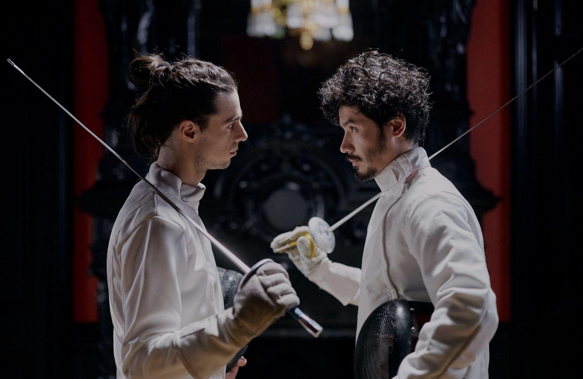 An allegorical image featuring two fencing partners that represent covid's clash of ideologies.